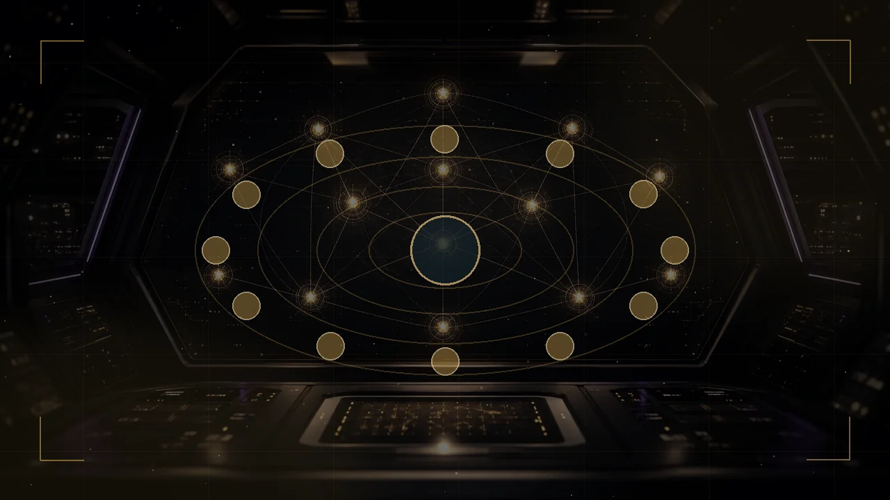 Composi&ccedil;&atilde;o editorial com doze formas geom&eacute;tricas distintas em arranjo orbital sobre superf&iacute;cie polida, met&aacute;fora visual da suite de Agentes SALTO operando como sistema integrado